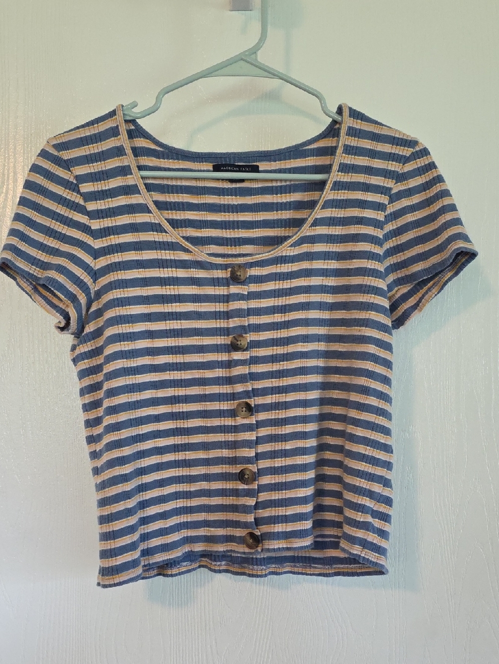 American Eagle Outfitters Blue and Cream Striped Ribbed Button Crop Top